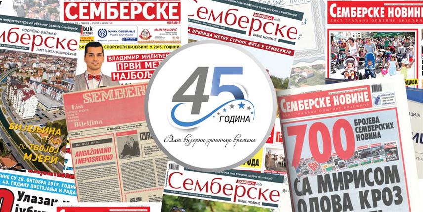 БИЈЕЉИНА, 20. ОКТОБРА /СРНА/ - Бијељински лист "Семберске новине" обиљежава данас 45 година постојања, вриједан јубилеј "хроничара времена" у граду који још увијек нема властити архив, али има 45 томова укоричених штампаних издања локалних новина.	
