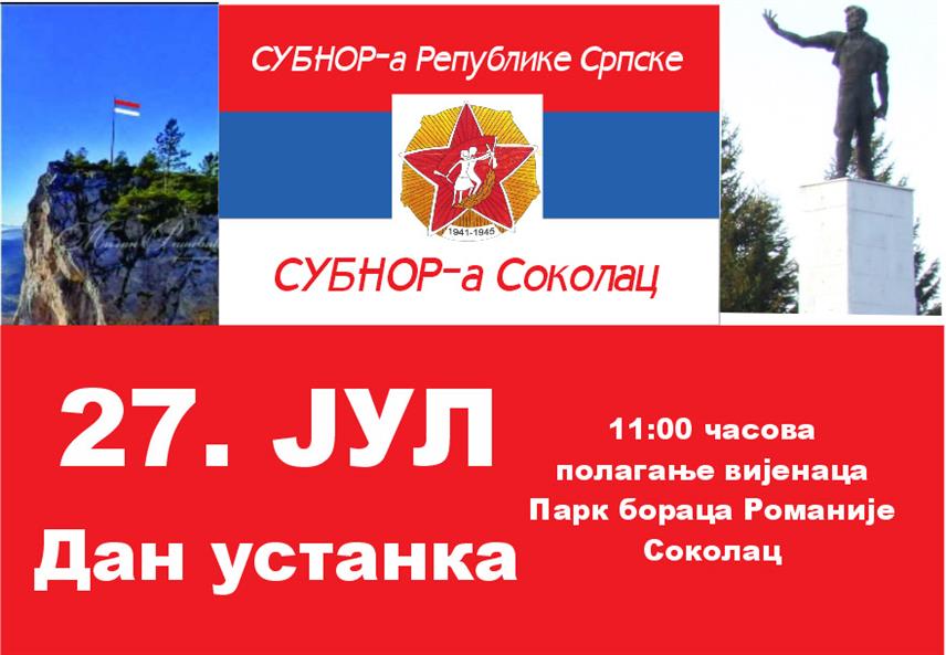 СОКОЛАЦ, 25. ЈУЛА /СРНА/ - На Сокоцу ће у недјељу, 27. јула, бити обиљежене 84 године од подизања устанка против фашизма на Романији.	
