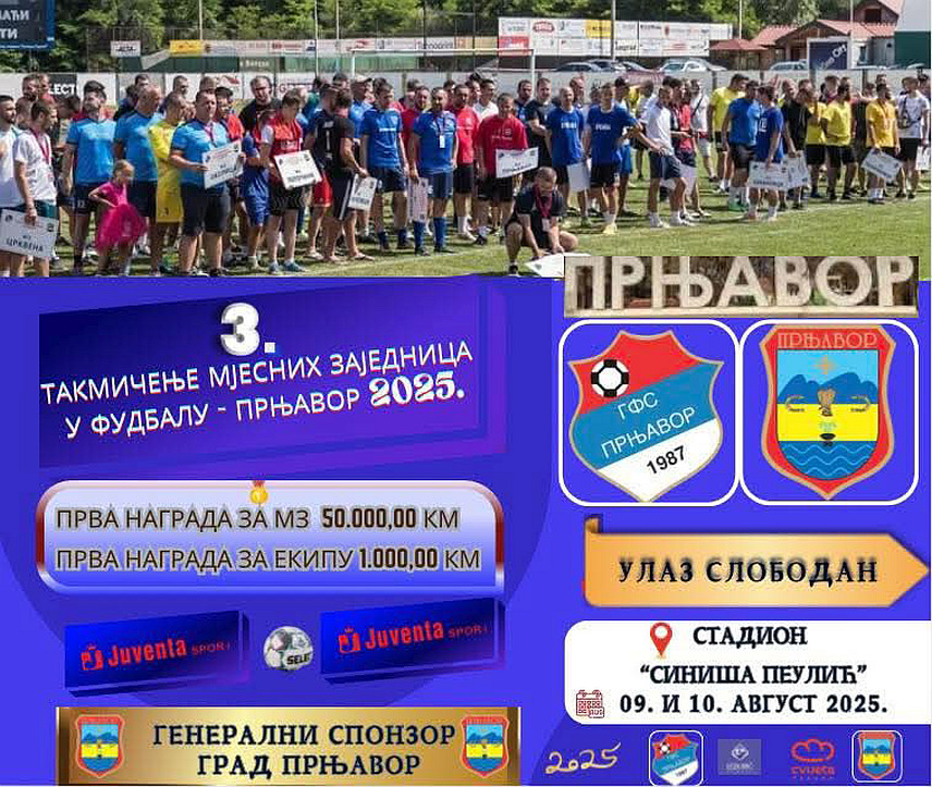 ПРЊАВОР, 8. АВГУСТА /СРНА/ - Фудбалске екипе 15 мјесних заједница града Прњавора бориће се овог викенда за инвестициону награду од 50.000 КМ, док ће побједничка екипа бити и новчано награђена са 1.000 КМ.	