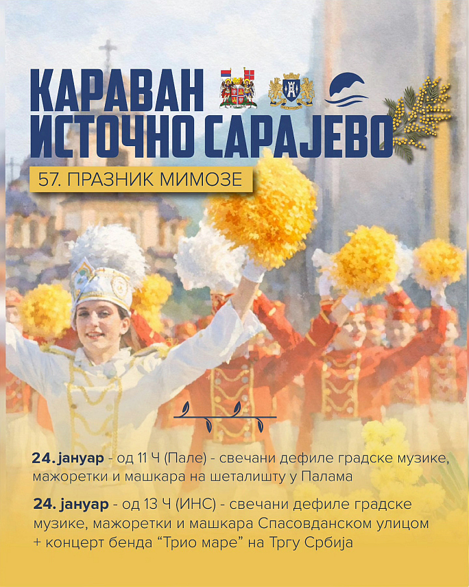 ПАЛЕ, 21. ЈАНУАРА /СРНА/ - Чувени "Празник мимозе" из Херцег Новог, једна од најпрепознатљивијих туристичко-културних манифестација у региону, биће представљен у суботу, 24. јануара, на Палама и у Источном Новом Сарајеву, доносећи дух приморја и карневалску атмосферу.
