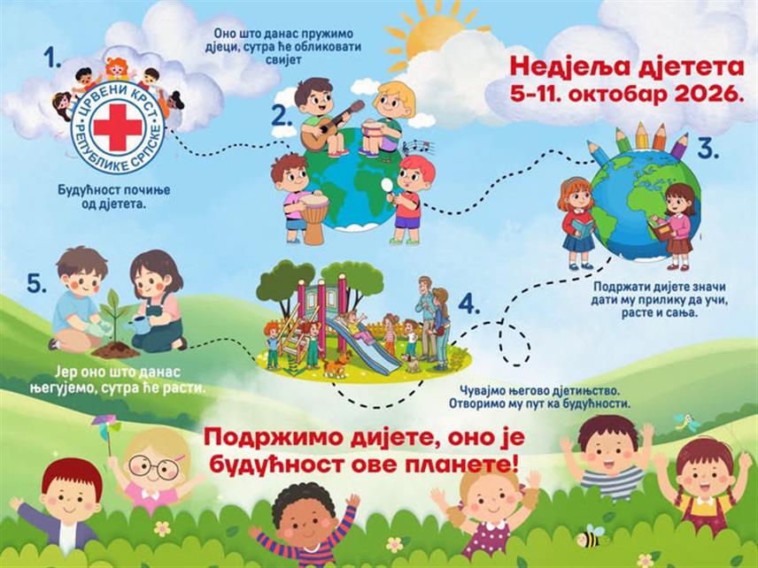 ПАЛЕ, 5. ОКТОБРА /СРНА/ - Црвени крст Републике Српске данас почиње обиљежавање Недјеље дјетета под слоганом "Подржимо дијете, оно је будућност ове планете!".