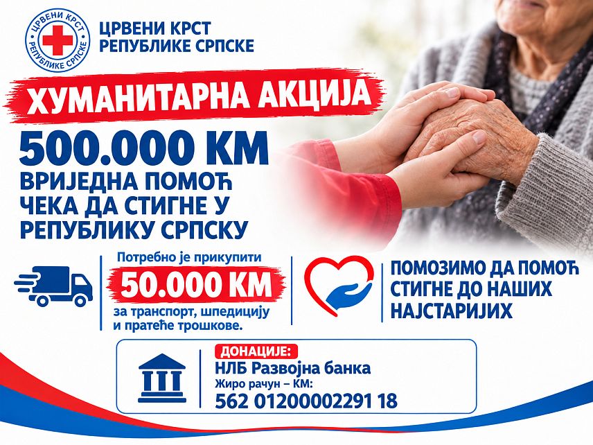 ПАЛЕ, 7. ОКТОБРА /СРНА/ - Црвени крст Републике Српске покренуо је акцију прикупљања 50.000 КМ за транспорт, шпедицију и пратеће трошкове увоза донације опреме из Њемачке вриједности око 500.000 КМ за социјално угрожено становништво у Српској.