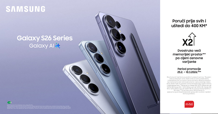 БАЊАЛУКА, 26. ФЕБРУАРА /СРНА/ - У понуди компаније "М:тел" је нова "галакси ес 26" серија телефона, а куповином у претпродаји корисници ће добити двоструко више меморијског простора по цијени основне варијанте, уз уштеду до 400 КМ.