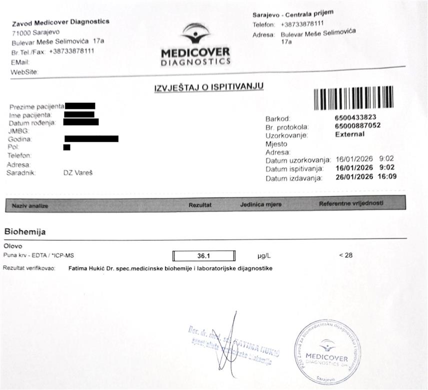 ВАРЕШ, 6. ФЕБРУАРА /СРНА/ - Здравље становника Вареша озбиљно је угрожено након што су најновија тестирања показала да је олово присутно у крви више од 100 грађана, укључујући и дјецу, чиме масовно тровање овим тешким металом прераста у једну од најтежих здравствених криза у новијој историји БиХ, саопштено је из Удружења грађана "Фојничани".