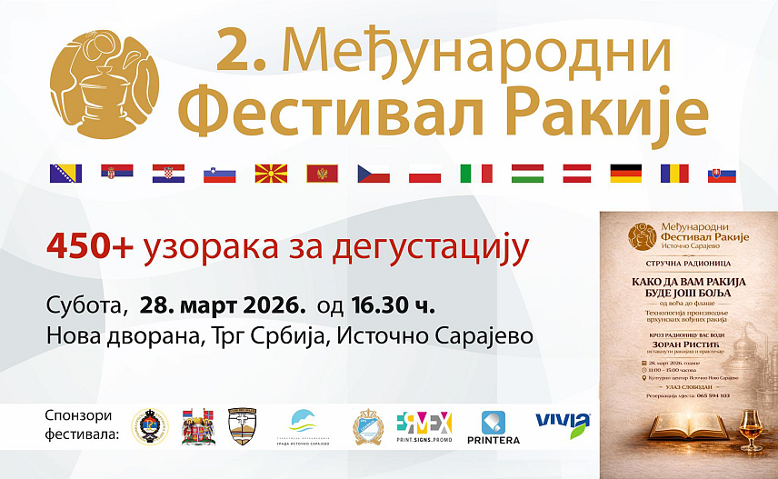 ИСТОЧНО НОВО САРАЈЕВО, 19. МАРТА /СРНА/ - Међународни фестивал ракије биће одржан у суботу, 28. марта, у Источном Новом Сарајеву, а пристигло је 456 узорака из 14 земаља.