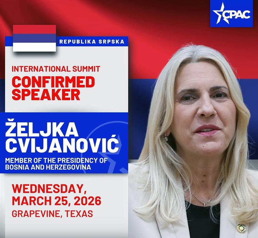 ДАЛАС, 25. МАРТА /СРНА/ - Српски члан Предсједништва БиХ Жељка Цвијановић учествоваће као један од говорника на Конференцији конзервативне политичке акције (ЦПАЦ) која се одржава у Даласу, у америчкој савезној држави Tексас.
