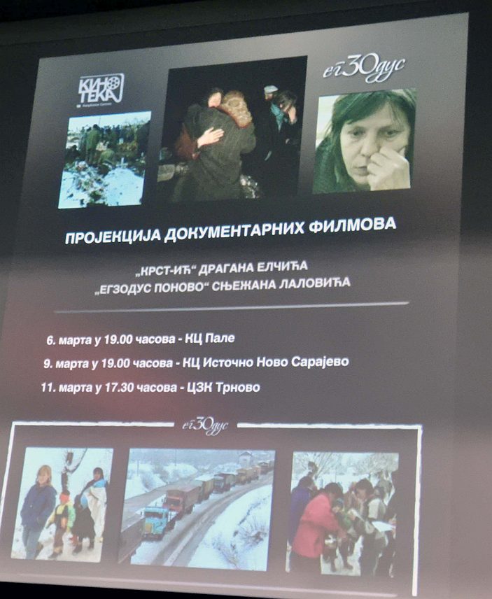 ПАЛЕ, 6. МАРТА/СРНА/ - На Палама су вечерас приказани кратки документарни филмови "Крст-ић" и "Егзодус поново" режисера Драгана Елчића и Сњежана Лаловића поводом 30 година од егзодуса Срба из Сарајева.