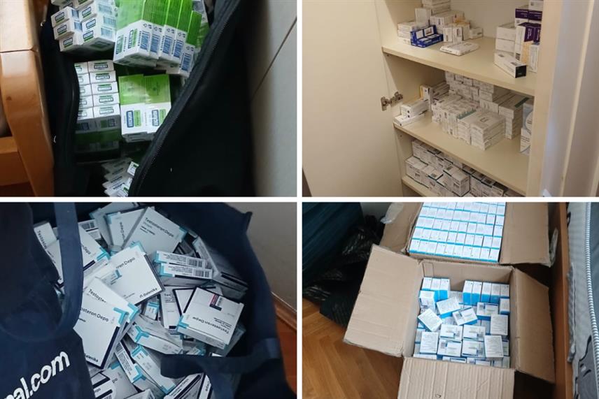 ПОДГОРИЦА, 13. АПРИЛА /СРНА/ - Црногорска полиција пронашла је код мушкарца из Бара чији су иницијали А.Х. /60/ око 4.000 кутија и 600 кесица фармацеутских производа без потребне документације.