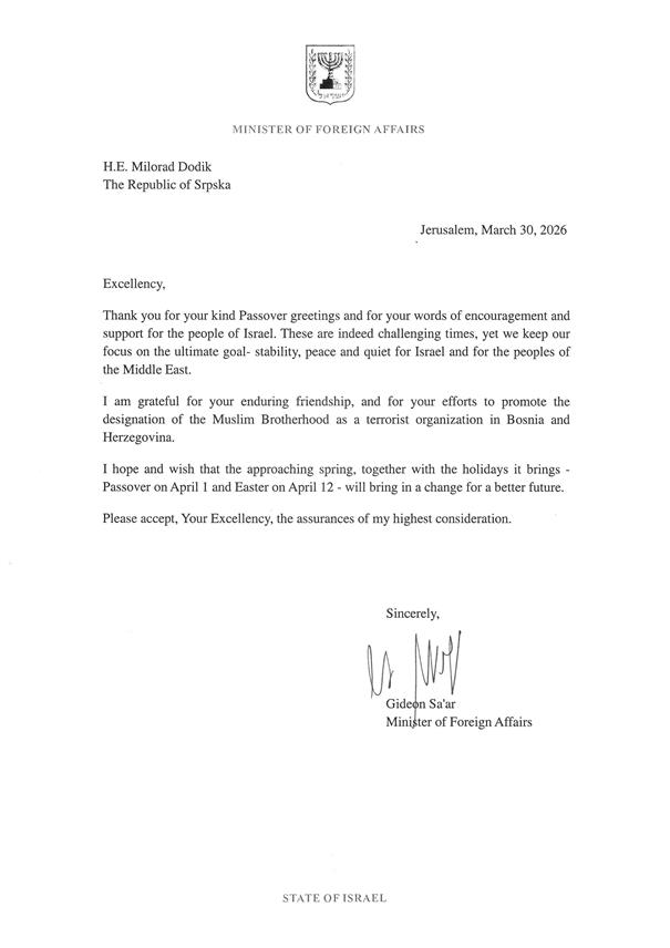 БАЊАЛУКА, 1. АПРИЛА /СРНА/ - Министар спољних послова Израела Гидеон Сар захвалио је предсједнику СНСД-а Милораду Додику за честитке поводом јевјеског празника Песах и изразио наду да надолазеће прољеће донесе промјену ка бољој будућности.