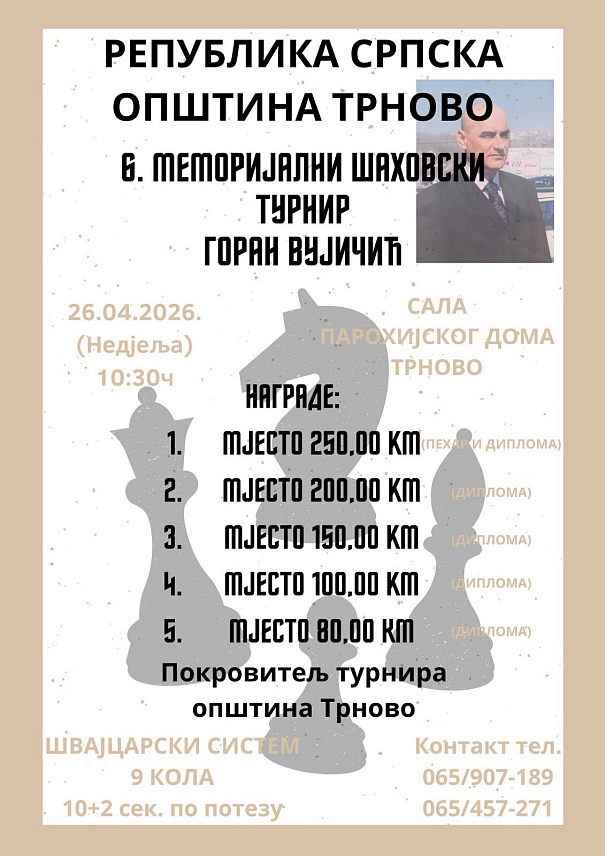 ТРНОВО, 23. АПРИЛА /СРНА/ - У Трнову ће у недјељу, 26. априла бити одржан Меморијални шаховски турнир "Горан Вујичић", у знак сјећања на некадашњег начелника ове локалне заједнице.