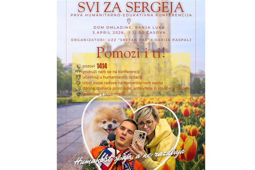 БАЊАЛУКА, 2. АПРИЛА /СРНА/ - У Бањалуци ће у недјељу, 5. априла, бити одржана хуманитарно-едукативна конференција "Хуманост спаја, а не раздваја", а сав приход биће усмјерен у наставак лијечења суграђанина Сергеја Ступара.