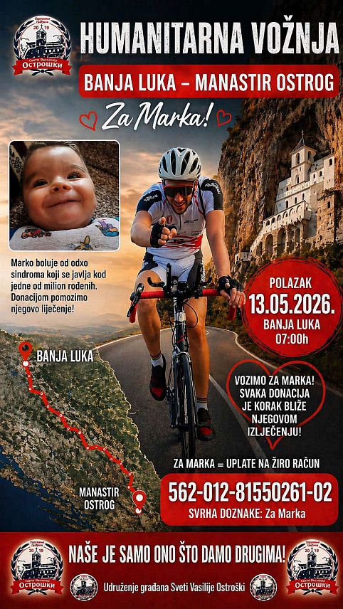 БАЊАЛУКА, 30. АПРИЛА /СРНА/ – Из Бањалуке ће у сриједу, 13. маја, кренути хуманитарна бициклистичка вожња до манастир Острог дуга 413 километара с циљем прикупљања средстава за лијечење дјечака Марка који болује од ријетког генетског обољења.