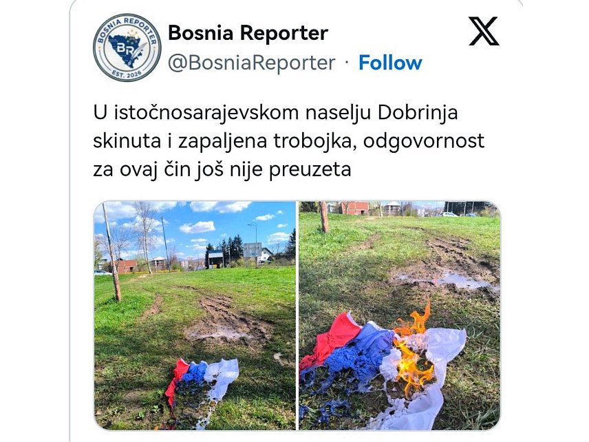 ИСТОЧНA ИЛИЏА, 6. АПРИЛА /СРНА/ - На друштвеним мрежама објављена је фотографија која, према наводима у објави, приказује запаљену тробојку у насељу Добриња у Источном Сарајеву.