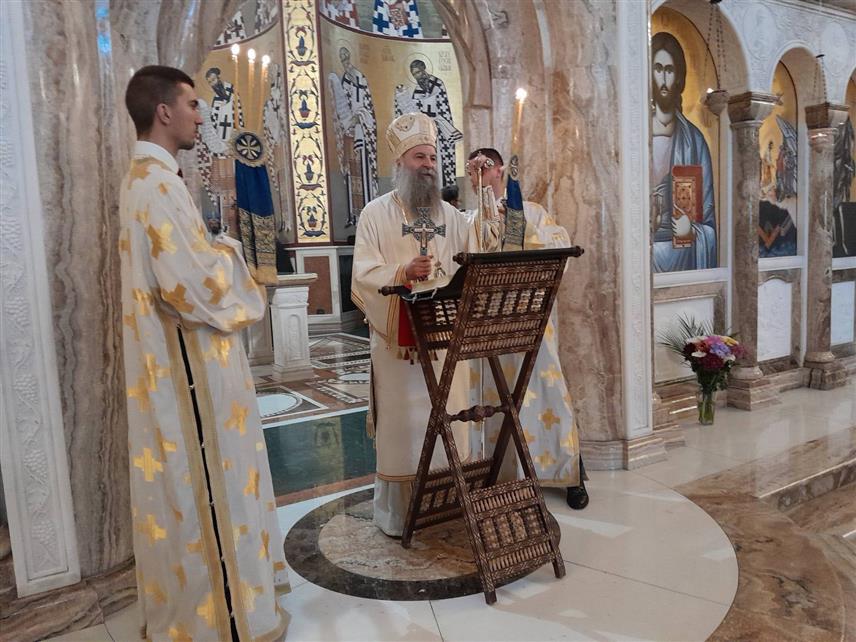 ПОДГОРИЦА, 28. МАЈА /СРНА/ - Његова светост патријарх српски Порфирије у обраћању присутнима у Саборном храму Христовог Васкресења у Подгорици након Свете патријарашке литургије.