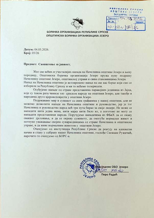 ЈЕЗЕРО, 5. МАЈА /СРНА/ - Општинска борачка организација Језеро пружила је пуну подршку начелнику општине Снежани Ружичић, те осудила говор мржње и вербалне нападе којим је изложена од појединих Бошњака који су за додијељену општинску стипендију студенту на студијима у Сарајеву, поручили да "њиховој дјеци не треба четнички новац".