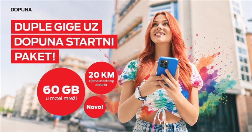 БАЊАЛУКА, 30. ЈУЛА /СРНА/ - Допуна старт пакет компаније "М:тел" обезбјеђује дупле гигабајте па корисници за 20 КМ умјесто 30 гигабајта убудуће добијају 60 гигабајта мобилног интернета у "М:тел" мрежи, саопштено је из ове компаније.