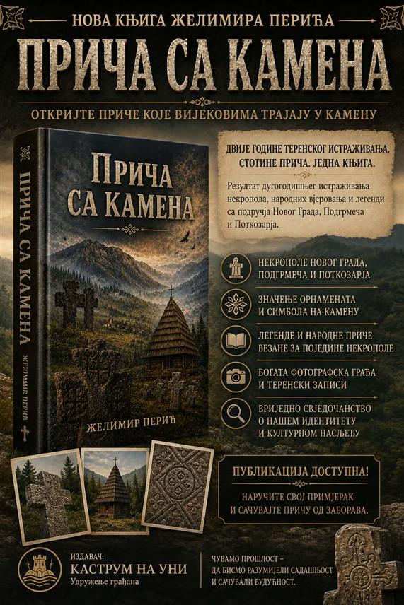 НОВИ ГРАД, 5. АВГУСТА /СРНА/ - У издању Удружења грађана "Каструм на Уни" из Новог Града објављена је публикација "Приче са камена" аутора Желимира Перића, која је резултат двогодишњег теренског истраживања некропола, народних вјеровања и легенди са новоградског подручја, Подгрмеча и Поткозарја.