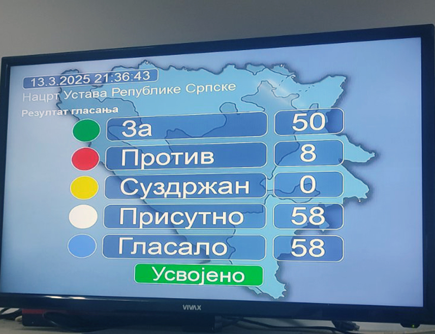 BANJA LUKA, MARCH 13 /SRNA/ - The National Assembly of Republika Srpska adopted tonight the Draft Constitution of Republika Srpska and the Law on the Protection of the Constitutional Order of Srpska.
