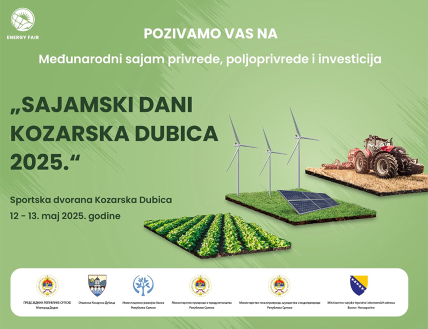 КОЗАРСКА ДУБИЦА, 11. МАЈА /СРНА/ - У Козарској Дубици сутра ће бити отворен дводневни Међународни сајам привреде, пољопривреде и инвестиција на којем ће учествовати више од 120 излагача из Републике Српске, Хрватске, Сјеверне Македоније, Србије, Tурске и других земаља.