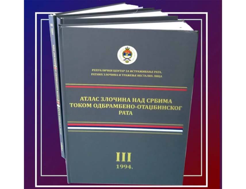 БАЊАЛУКА, 17. ЈУНА /СРНА/ - У Бањалуци ће данас бити промовисан трећи том Атласа злочина над Србима током Одбрамбено-отаџбинског рата, 1994. година, који је једно од најзначајнијих издања Републичког центра за истраживање рата, ратних злочина и тражење несталих лица.