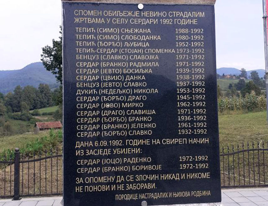 КОТОР ВАРОШ, 17. СЕПТЕМБРА /СРНА/ – На мјесном гробљу Кукавице и код спомен-обиљежја у Сердарима у општини Котор Варош данас ће бити служен помен за 16 Срба из овог села које су прије 33 године убили, а потом масакрирали припадници муслиманских снага.