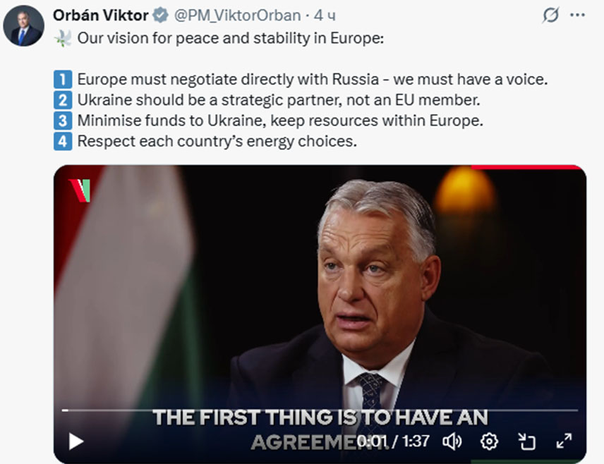 БУДИМПЕШТА, 29. ОКТОБРА /СРНА/ - Премијер Мађарске Виктор Орбан изнио је план за постизање мира и стабилности у Европи којим је посебно предвиђено развијање односа и са Русијом и са Украјином.