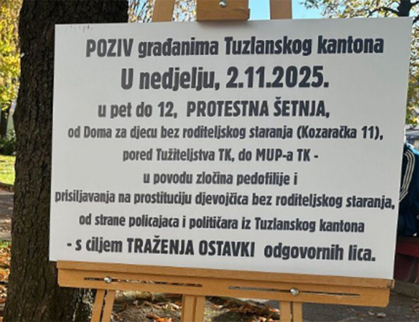 САРАЈЕВО, 2. НОВЕМБРА /СРНА/ - У Тузли је за данас најављена протестна шетња поводом сексуалног искориштавања двије малољетнице из тузланског Дома за дјецу без родитељског старања.