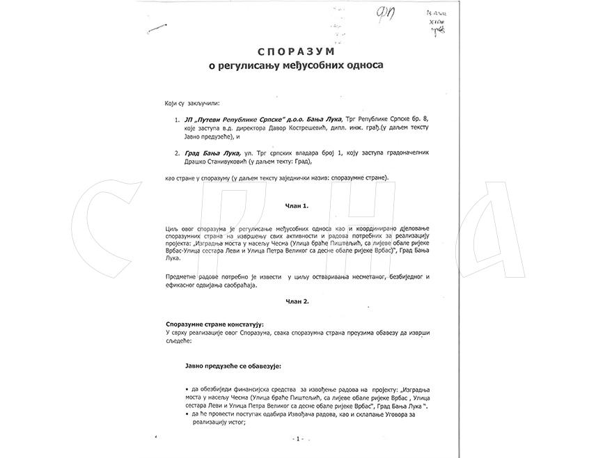БАЊАЛУКА, 5. НОВЕМБРА /СРНА/ - Из Јавног предузећа "Путеви Републике Српске"  демантовали су данашњу изјаву градоначелника Бањалуке Драшка Станивуковића у вези са изградњом приступних путева за мост у насељу Чесма и наглашавају да је у Споразуму о регулисању међусобних односа, који је потписан са Градом, јасно наведено шта су чија задужења.