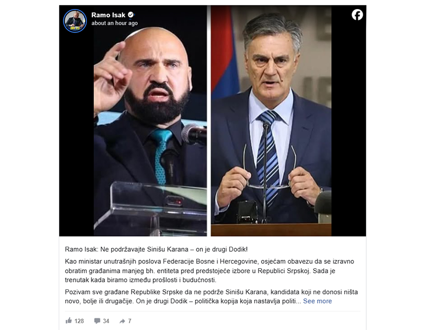 САРАЈЕВО, 20. НОВЕМБРА /СРНА/ - Министар унутрашњих послова ФБиХ Рамо Исак умијешао се у изборе у Републици Српској, позивајући грађане Српске да се окрену онима, који како каже, нуде промјене.