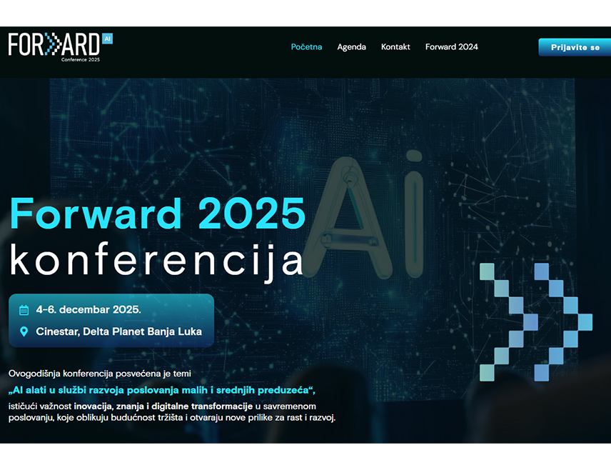 БАЊАЛУКА, 30. НОВЕМБРА /СРНА/ - Конференција "Форвард" на којој ће бити представљени најновији трендови, изазови и прилике у свијету вјештачке интелигенције, биће отворена 4. децембра у Бањалуци, а тим поводом сутра ће бити одржана конференција за новинаре.