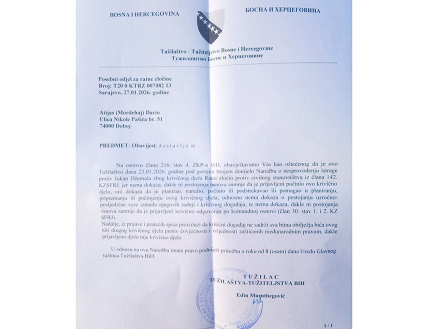 DOBOJ, JANUARY 29 /SRNA/ - The Prosecutor’s Office of BiH stated that there are no elements of a criminal offense in the complaint filed by Dario Atijas from Doboj, who, more than 20 years ago, sued an unknown person for a war crime committed in 1994, when three people were killed by shelling, including his grandmother and grandfather in the Doboj hamlet of Jošava.