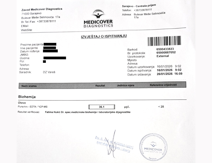 ВАРЕШ, 6. ФЕБРУАРА /СРНА/ - Здравље становника Вареша озбиљно је угрожено након што су најновија тестирања показала да је олово присутно у крви више од 100 грађана, укључујући и дјецу, чиме масовно тровање овим тешким металом прераста у једну од најтежих здравствених криза у новијој историји БиХ, саопштено је из Удружења грађана "Фојничани".