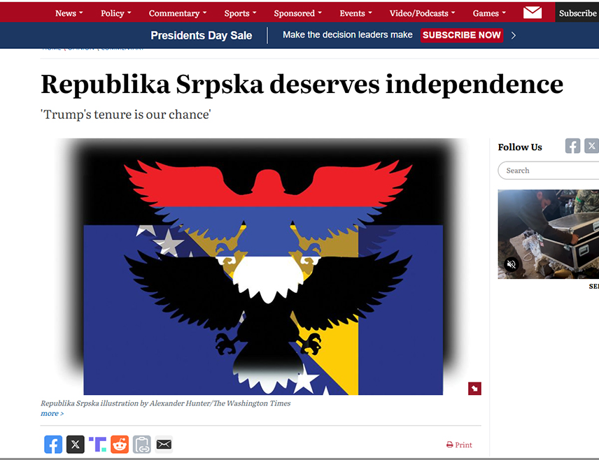 ЊУЈОРК, 11. ФЕБРУАРА /СРНА/ - Новинарка Вашингтон тајмса Анат Хартман указала је у колумни у овом листу зашто Република Српска заслужује независност, како је западни бирократа Кристијан Шмит постављен од других бирократа да управља БиХ и говори Влади Републике шта да ради, а указано је и на радикализацију муслиманских група.