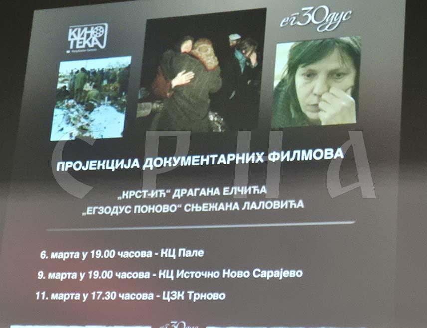 ПАЛЕ, 6. МАРТА/СРНА/ - На Палама су вечерас приказани кратки документарни филмови "Крст-ић" и "Егзодус поново" режисера Драгана Елчића и Сњежана Лаловића поводом 30 година од егзодуса Срба из Сарајева.
