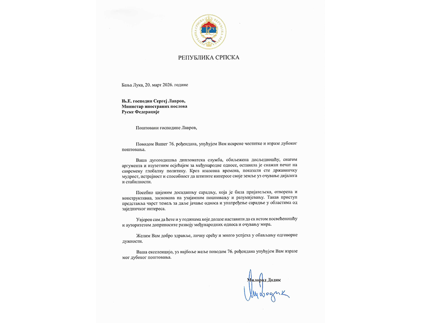 БАЊАЛУКА, 20. МАРТА /СРНА/ - Предсједник СНСД-а Милорад Додик честитао је руском министру иностраних послова Сергеју Лаврову рођендан, изразивши увјерење да ће наставити да са истом посвећеношћу и ауторитетом доприноси развоју међународних односа и очувању мира.