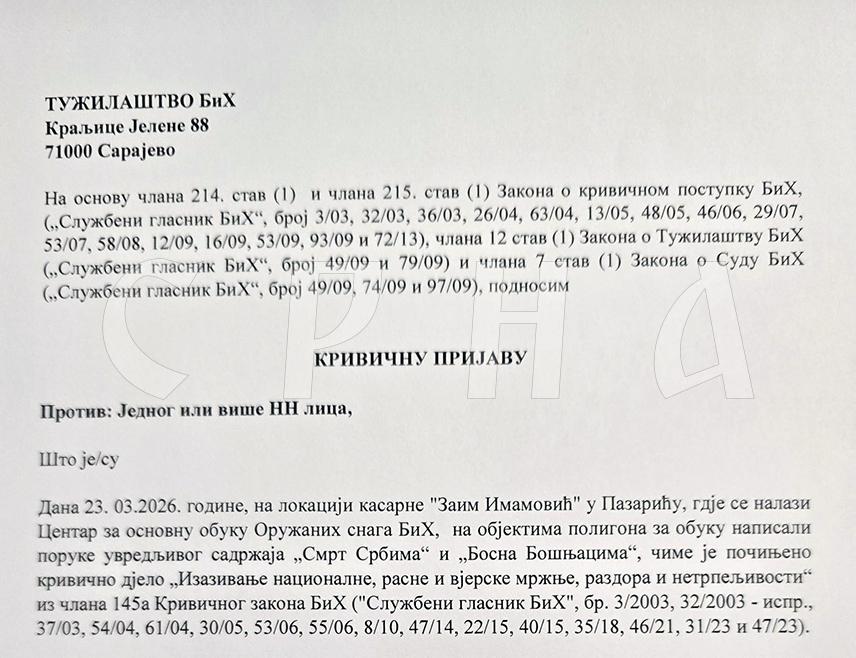 САРАЈЕВО, 26.  МАРТА /СРНА/ - Замјеник министра одбране у Савјету министара Александар Гогановић поднио је Тужилаштву БиХ кривичну пријаву против НН лица због увредљивих графита на објекту касарне у Пазарићу, те истакао да очекује да случај буде расвијетљен.