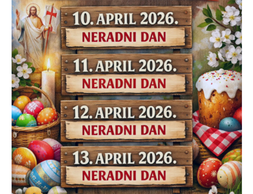 БАЊАЛУКА, 6. АПРИЛА /СРНА/ - Нерадни дани у Републици Српској биће Велики петак, 10. април, те 12. и 13. април када се прослављају Васкрс и Васкршњи понедјељак, саопштено је из Министарства управе и локалне самоуправе Српске.
