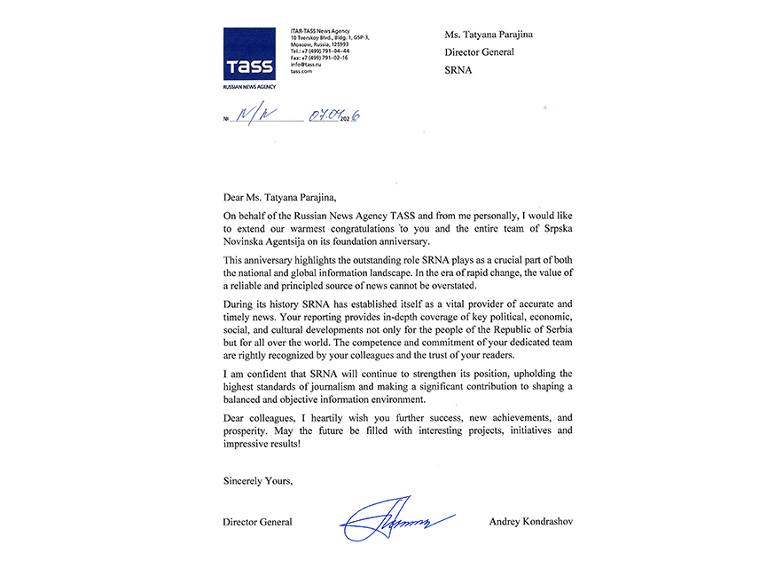 MOSCOW, APRIL 7 /SRNA/ – The Director General of the Russian state news agency TASS, Andrey Kondrashov, congratulated the News Agency of Republika Srpska – SRNA on its 34th anniversary, stating that throughout its existence SRNA has established itself as a key source of accurate and timely information.