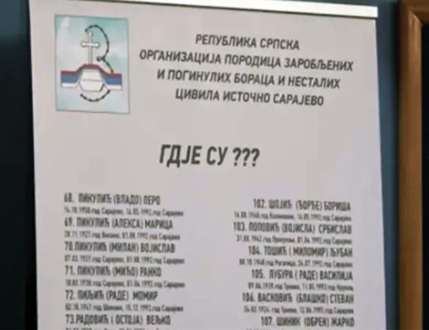 ИСТОЧНО САРАЈЕВО, 16. АПРИЛА /СРНА/ - Организација породица заробљених и погинулих бораца и несталих цивила Источно Сарајево и даље трага за још 301 лицем српске националности несталим током трагичног сукоба у БиХ.