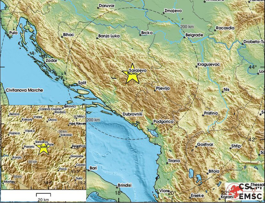 САРАЈЕВО, 19. АПРИЛА /СРНА/ - Земљотрес јачине три степена Рихтерове скале регистрован је у околини Сарајева, објавио је Европско-медитерански сеизмолошки центар /ЕМСЦ/.