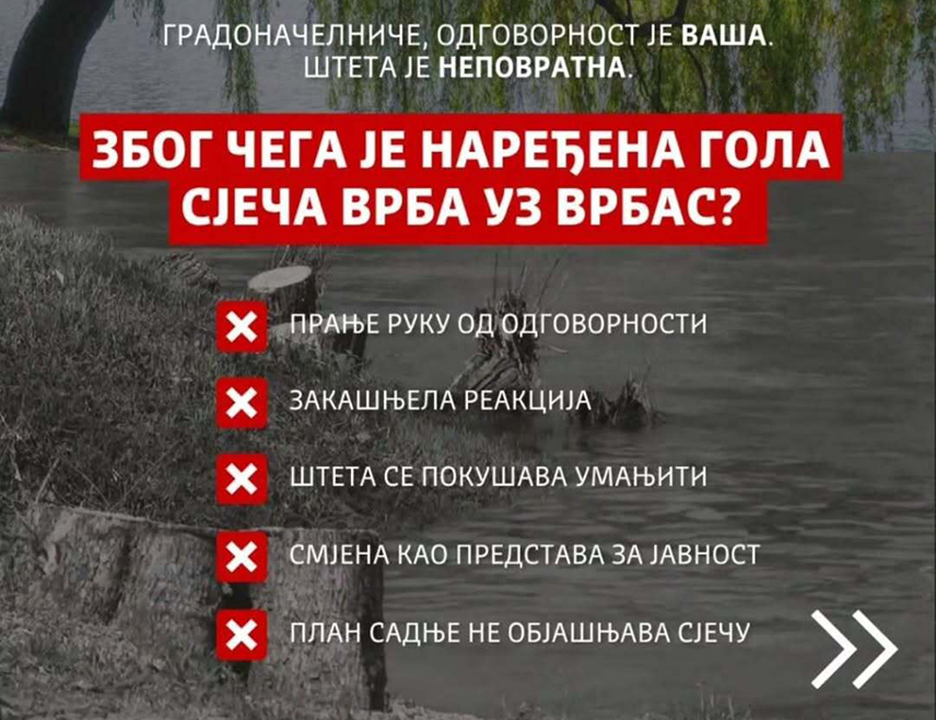 БАЊАЛУКА, 24. АПРИЛА /СРНА/ - Градоначелник Бањалуке Драшко Станивуковић невјешто се правда суграђанима огорченим због сјече стабала на обали Врбаса, бјежи од одговорности и не даје одговор на питање ко је донио одлуку да врбе буду посјечене, истакли су из бањалучког Градског одбора СНСД-а.
