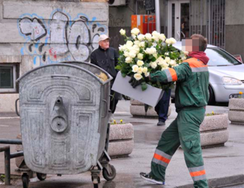 SARAJEVO, MAY 3 /SRNA/ - White roses left today in Dobrovoljačka Street in Sarajevo by the families of the killed members of the JNA convoy were, shortly after their departure, thrown into trash cans.