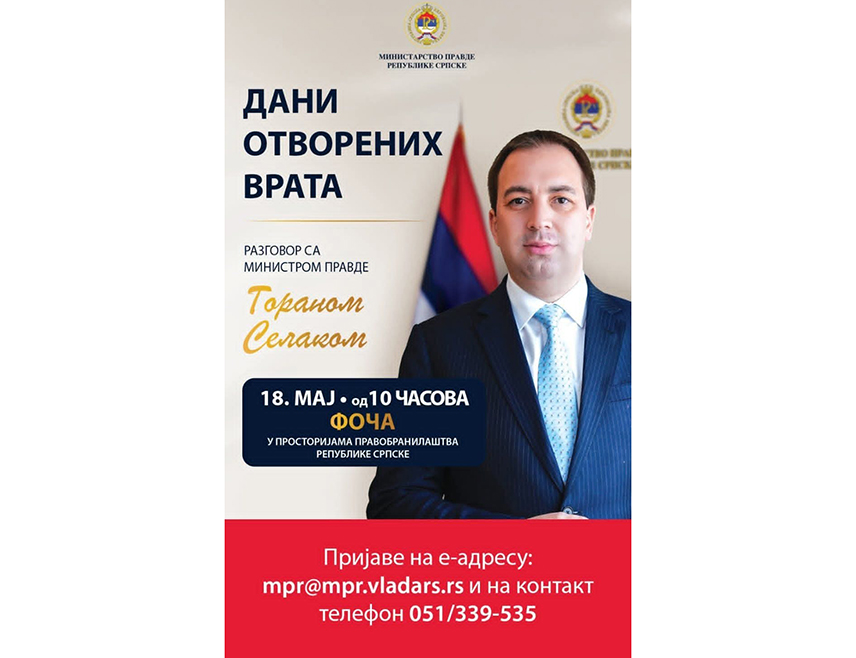 БАЊАЛУКА, 17. МАЈА /СРНА/ - Министар правде Републике Српске Горан Селак сутра ће у Фочи разговарати са грађанима у оквиру Дана отворених врата с циљем рјешавања конкретних проблема на терену.