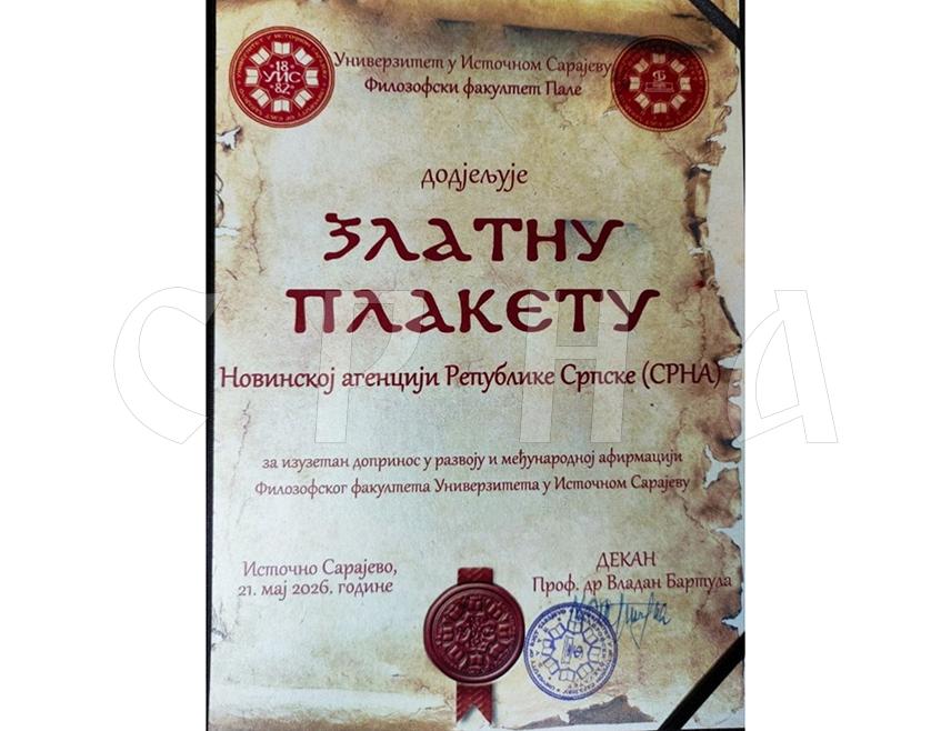 ПАЛЕ, 21. МАЈА /СРНА/ - Новинској агенцији Републике Српске /Срна/ данас је додијељена Златна плакета Филозофског факултета Универзитета у Источном Сарајеву за изузетну сарадњу и допринос у развоју и међународној афирмацији ове високошколске установе.