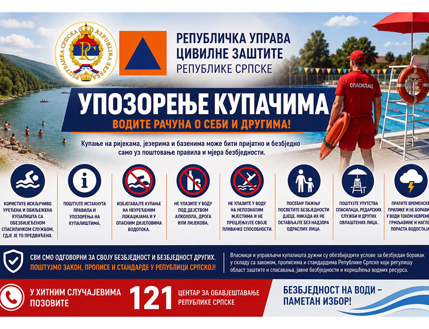 ИСТОЧНО САРАЈЕВО, 24. ЈУНА /СРНА/ - Из Републичке управе цивилне заштите, поводом почетка љетне сезоне и повећаног броја грађана на купалиштима, апеловали су на одговорно понашање купача и управљање купалиштима како би се избјегле несреће и трагичне посљедице.