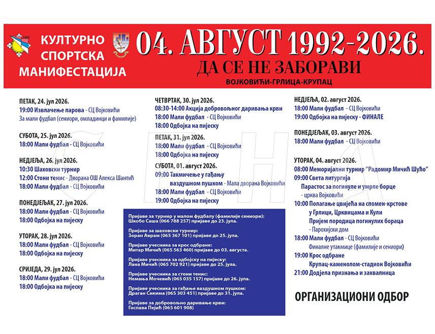 ИСТОЧНА ИЛИЏА, 18. ЈУЛА /СРНА/ - У оквиру традиционалне културно-спортске манифестације "Четврти август - Да се не заборави" у уторак, 21. јула, биће одржан "Марш одбране Војковићи-Илињача", најављено је из Општинске борачке организације "Илиџански борац".
