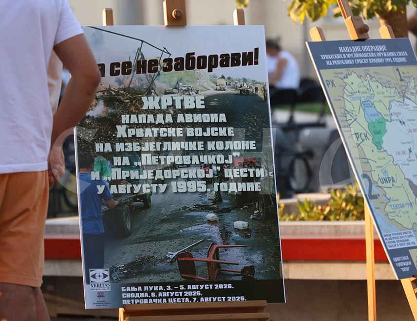 БАЊАЛУКА, 3. АВГУСТА /СРНА/ - Испред Храма Христа Спаситеља у Бањалуци вечерас је отворена изложба "Да се не заборави - гранатирање Хрватске војске на избјегличке колоне на Петровачкој цести и Сводни", аутора Јанка Велимировића из Документационо-информационог центра "Веритас".
