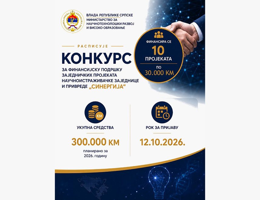 БАЊАЛУКА, 12. АВГУСТА /СРНА/ - Министарство за научнотехнолошки развој и високо образовање Републике Српске саопштило је да је циљ конкурса за финансијску подршку заједничких пројеката научноистраживачке заједнице и привреде "Синергија" стварање системске подршке повећању броја иновација и увођења нових технологија у функцији развоја привреде Републике Српске.
