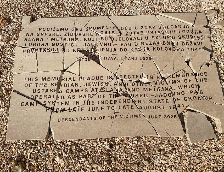 ПАГ, 12. АВГУСТА /СРНА/ - Предсједник Удружења "Јадовно 1941" из Бањалуке Душан Басташић изјавио је Срни да је четврти пут уништена спомен-плоча у ували Слано на острву Пагу на мјесту усташког логора из времена Независне Државе Хрватске /НДХ/ која је постављена 24. јуна.