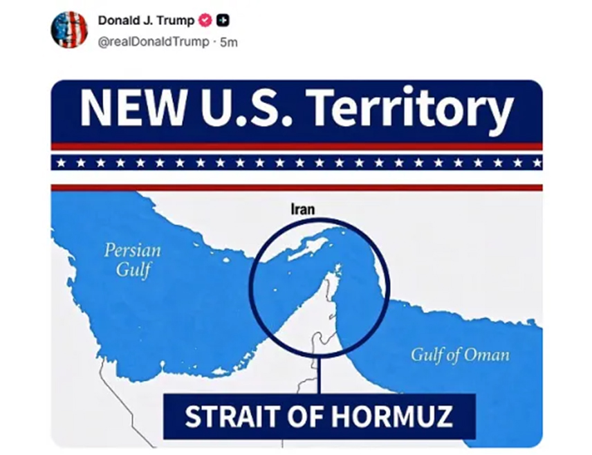 ВАШИНГТОН, 18. АВГУСТА /СРНА - РИА Новости/ - Предсједник САД Доналд Трамп објавио је на свом налогу на мрежи "Трут сошл" слику мапе са Ормуским мореузом изнад које је натпис "Нова територија САД".